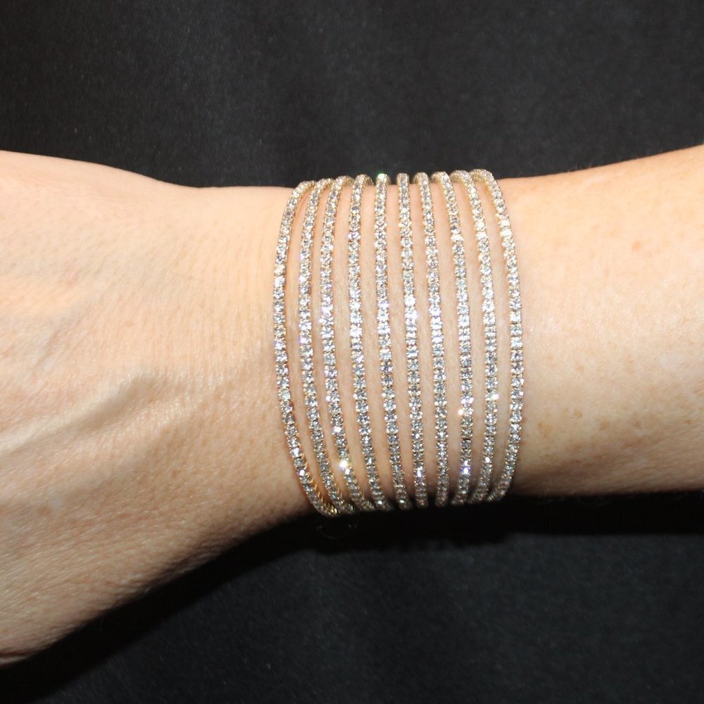 Layered 10 Row Rhinestone Cuff Bracelet - Picture 8 of 9